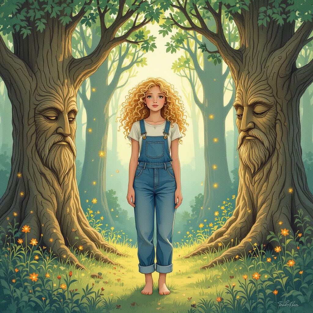 Whimsical Forest Glade with Fireflies and Tree Faces