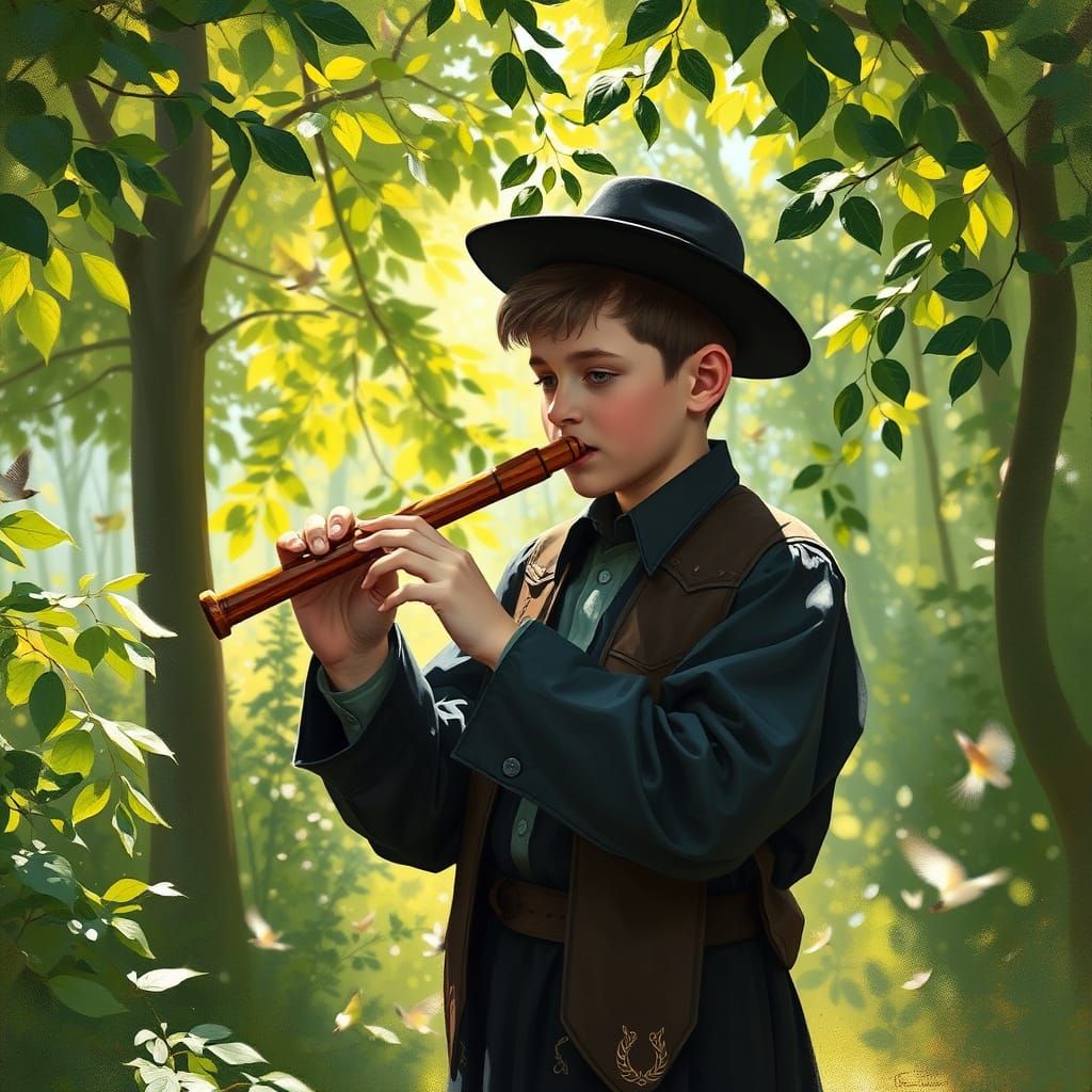 Young Ultra-Orthodox Boy Plays Flute in a Secluded Grove, in...