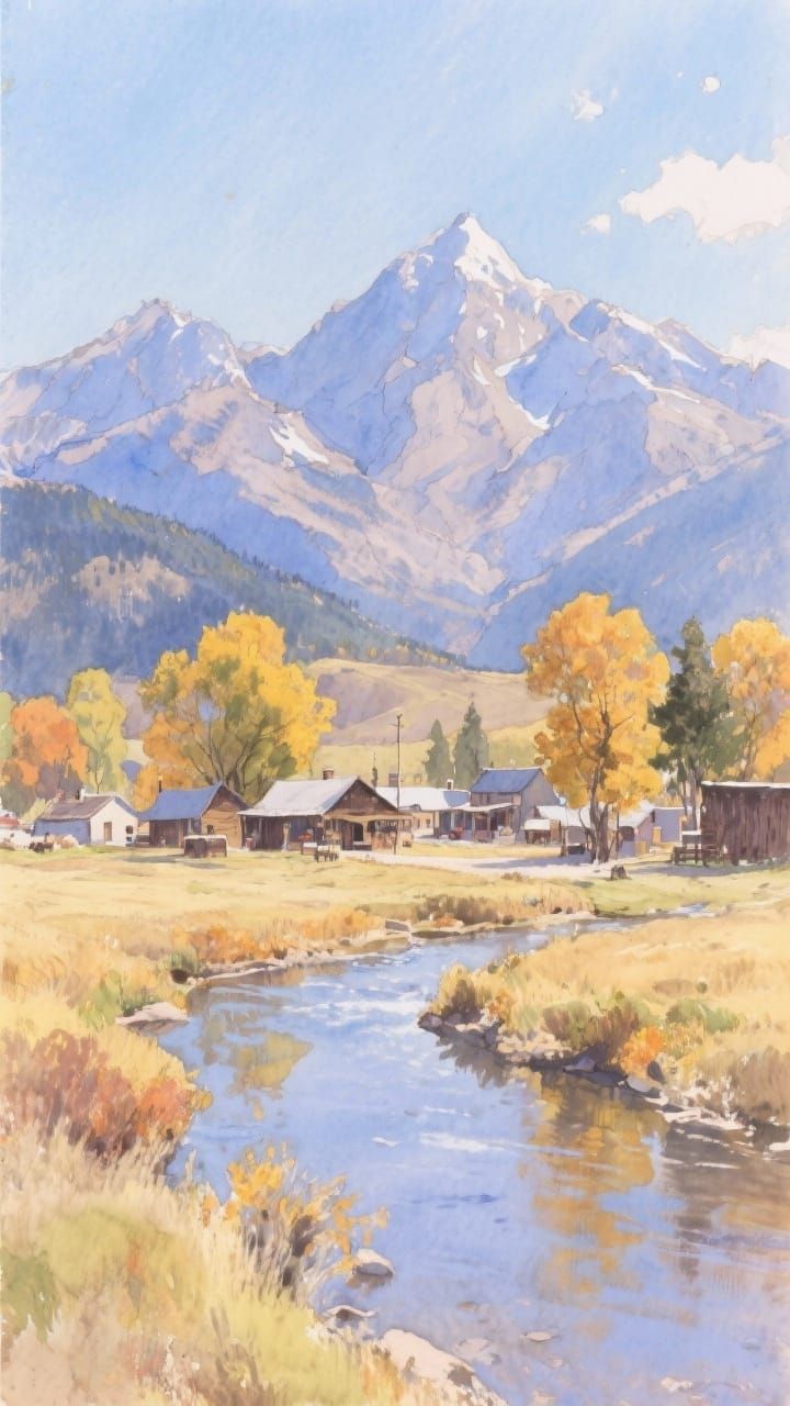 Watercolor Landscape: Western Town Before Majestic Mountains