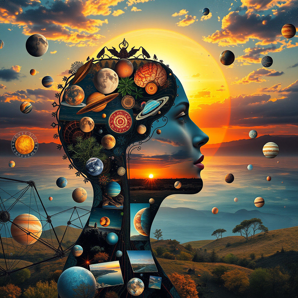 Lady Cosmos and the Dancing Planets in Paper Collage Art