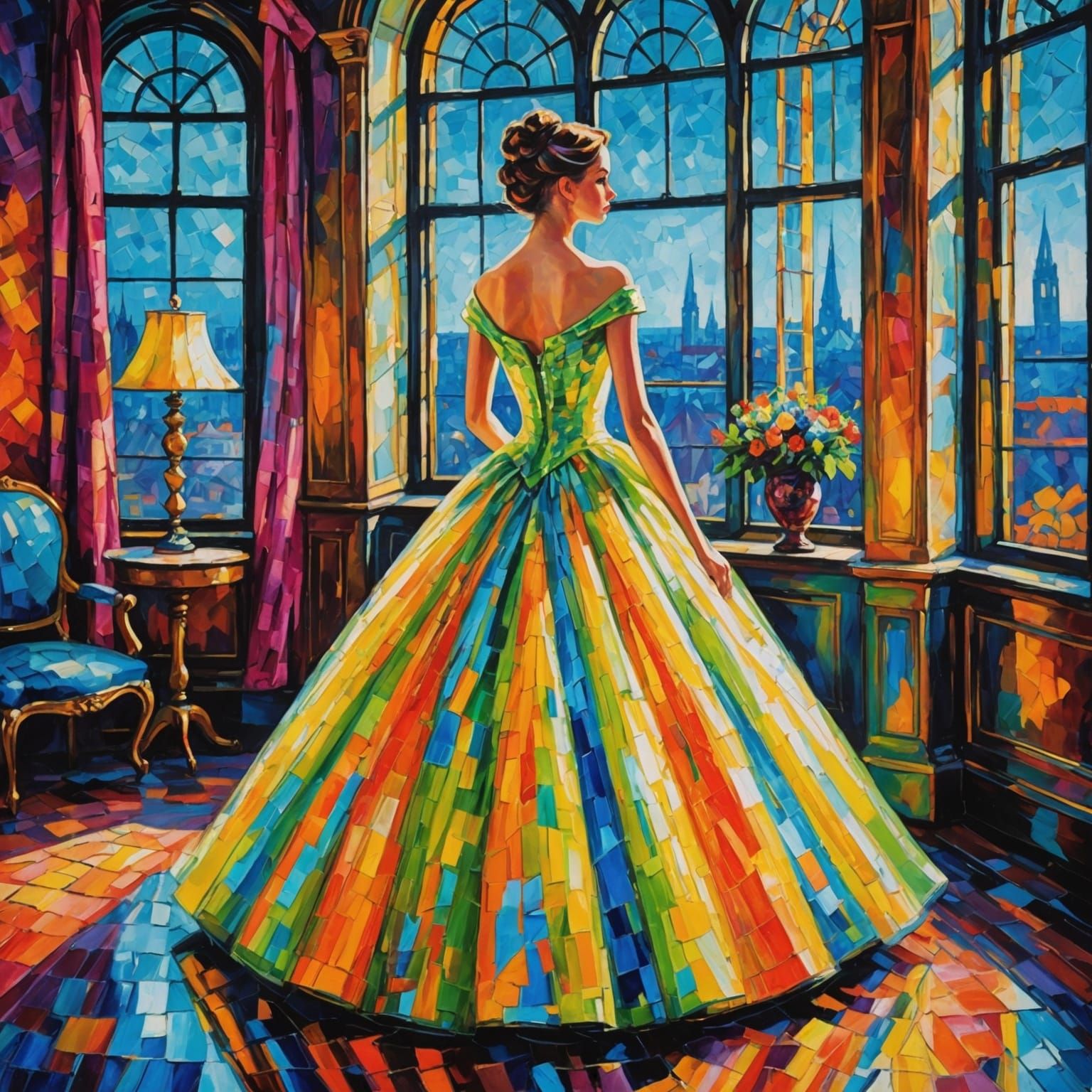 Girl in Ball Gown, Neo-Impressionist Oil Painting