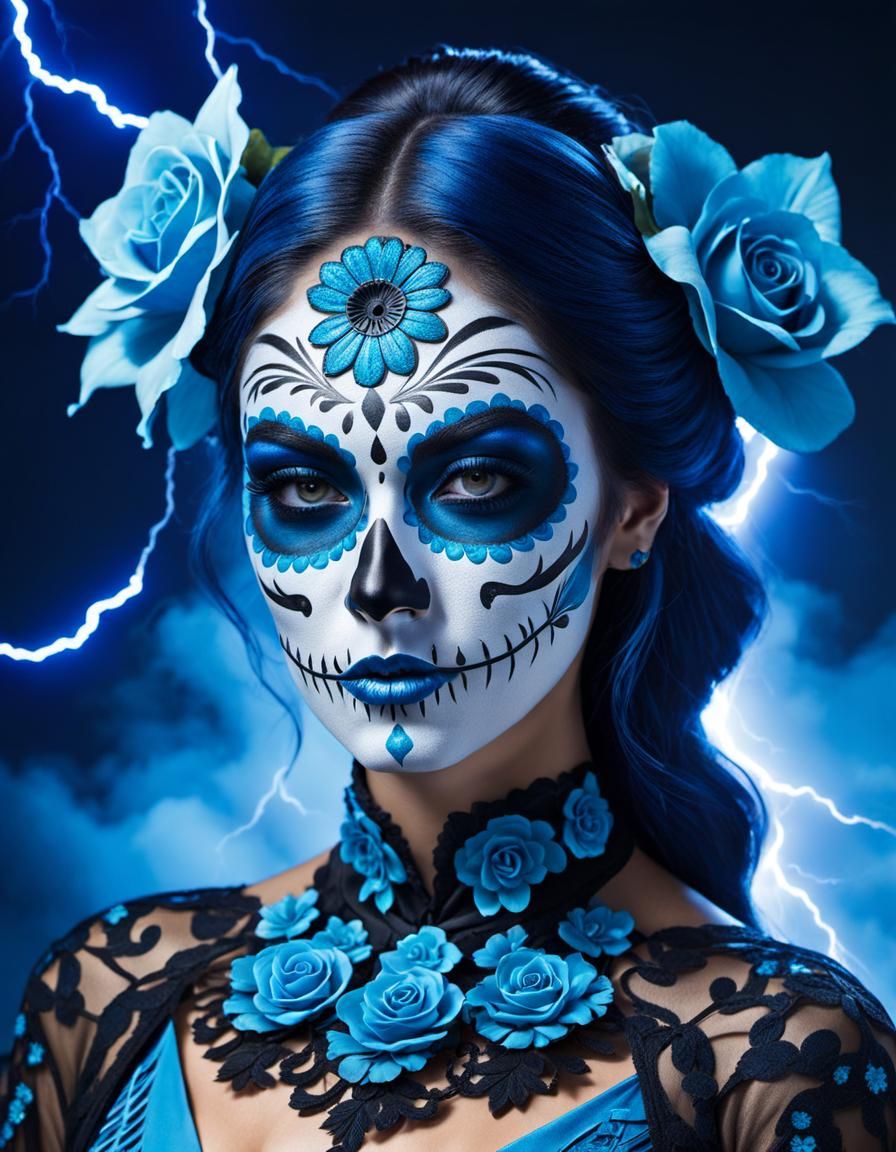 Young Woman in Bioluminescent Dia De Los Muertos Makeup