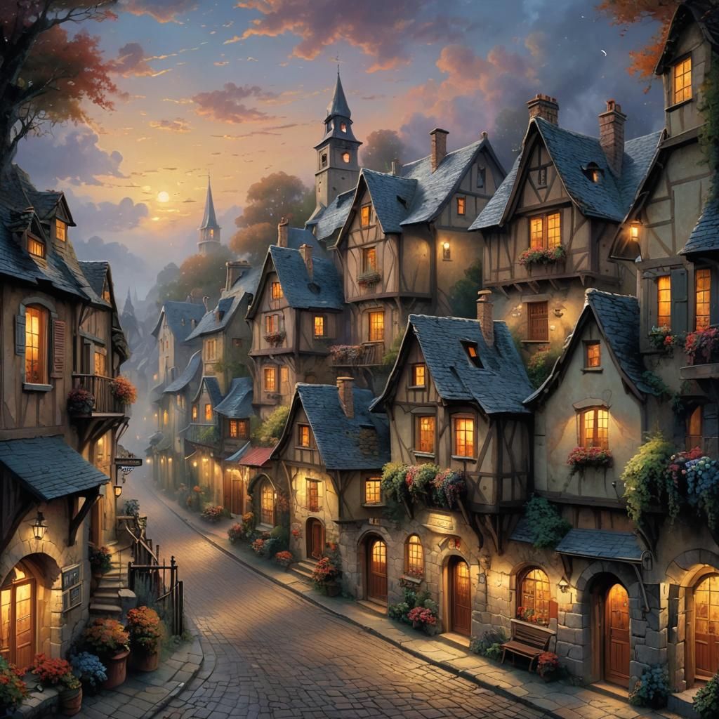 Ethereal French Village Street Scene at Twilight