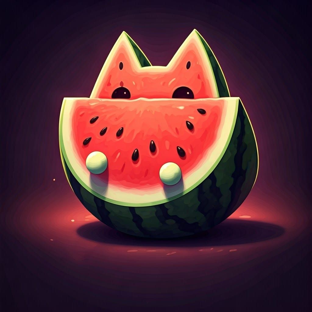 Whimsical Anime Cat Made from Watermelon in Flat 2D Style