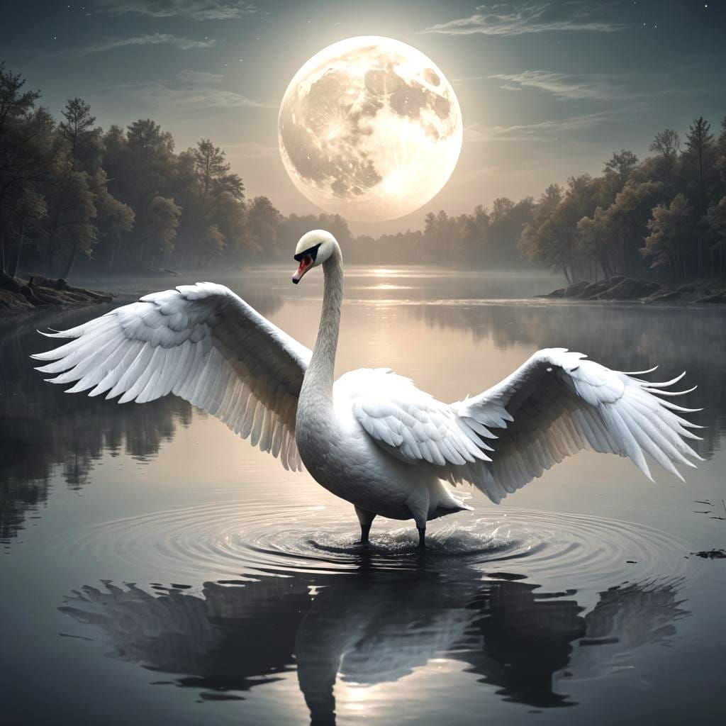 Milk White Swan in Moonlight: Detailed Matte Painting