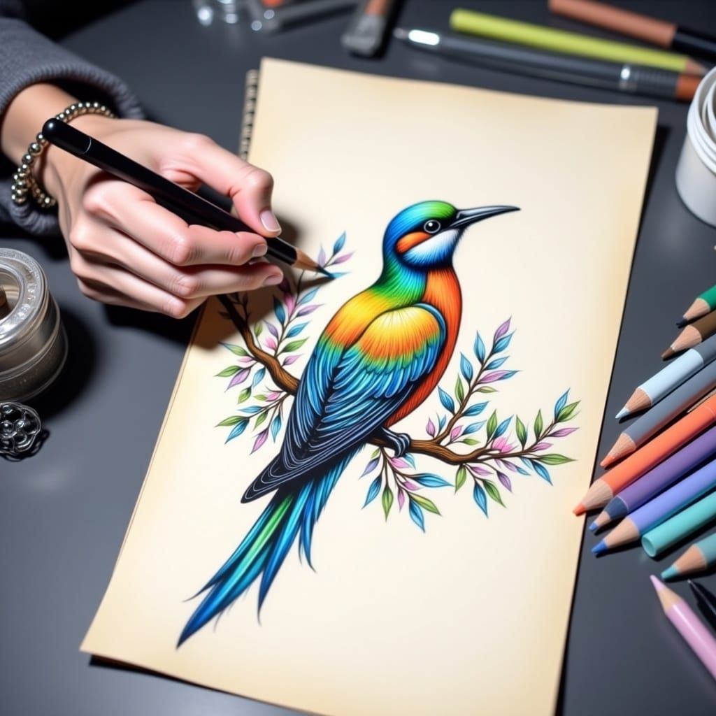 Hand Drawing 3D Bird on Watercolour Paper