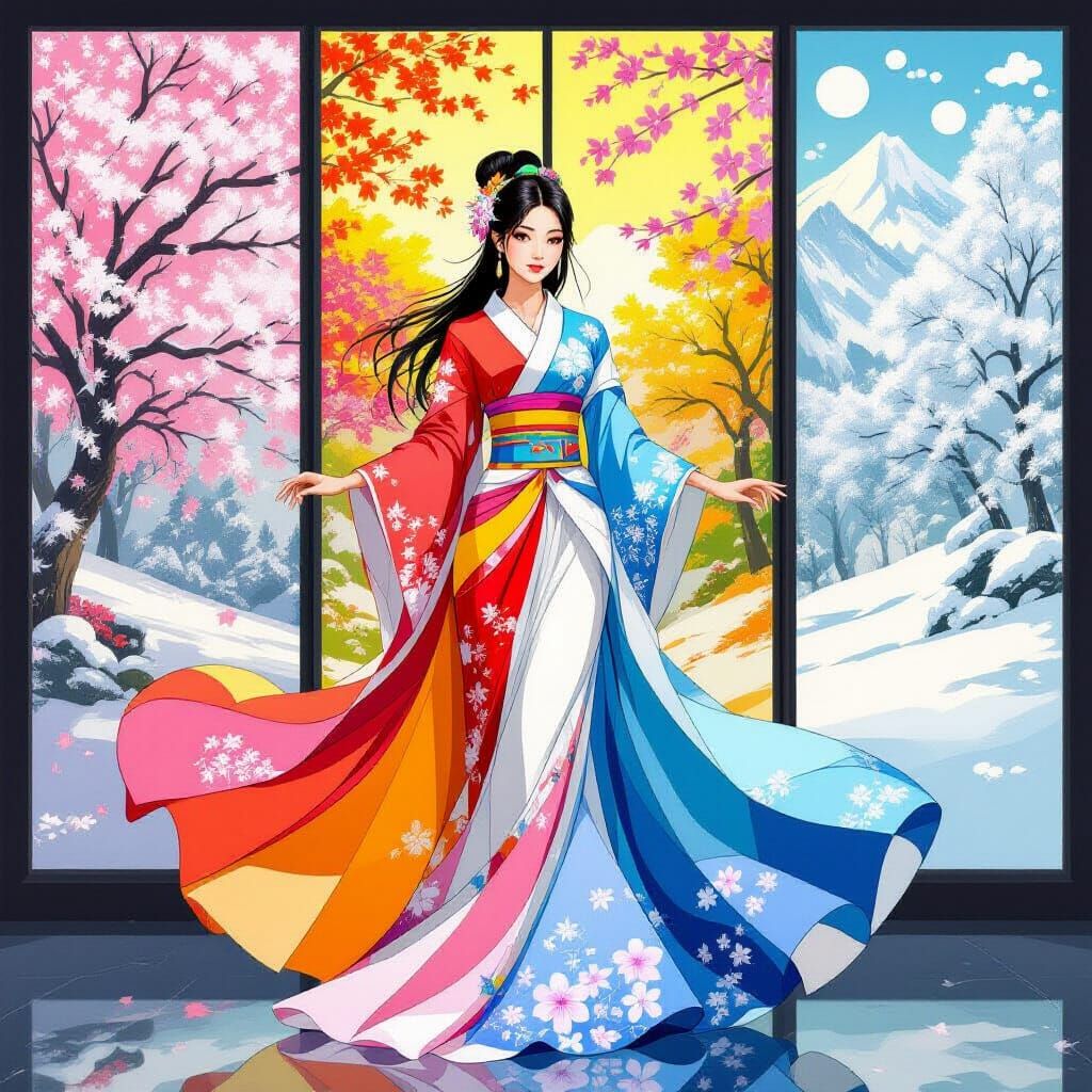Asian Woman in Seasonal Split Screen, Abstract Art Style