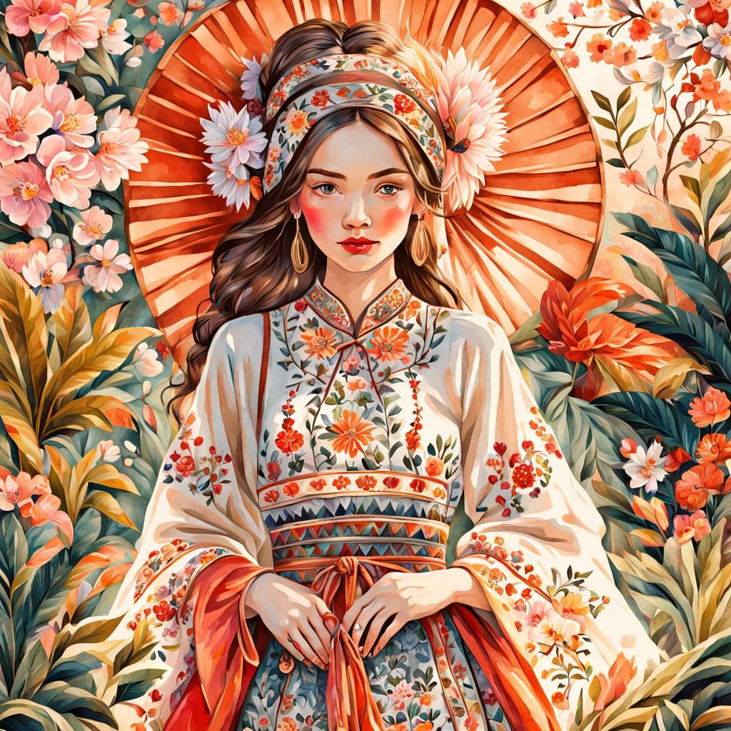 Polish Woman in Vibrant Asian-Inspired Garden Folk Art