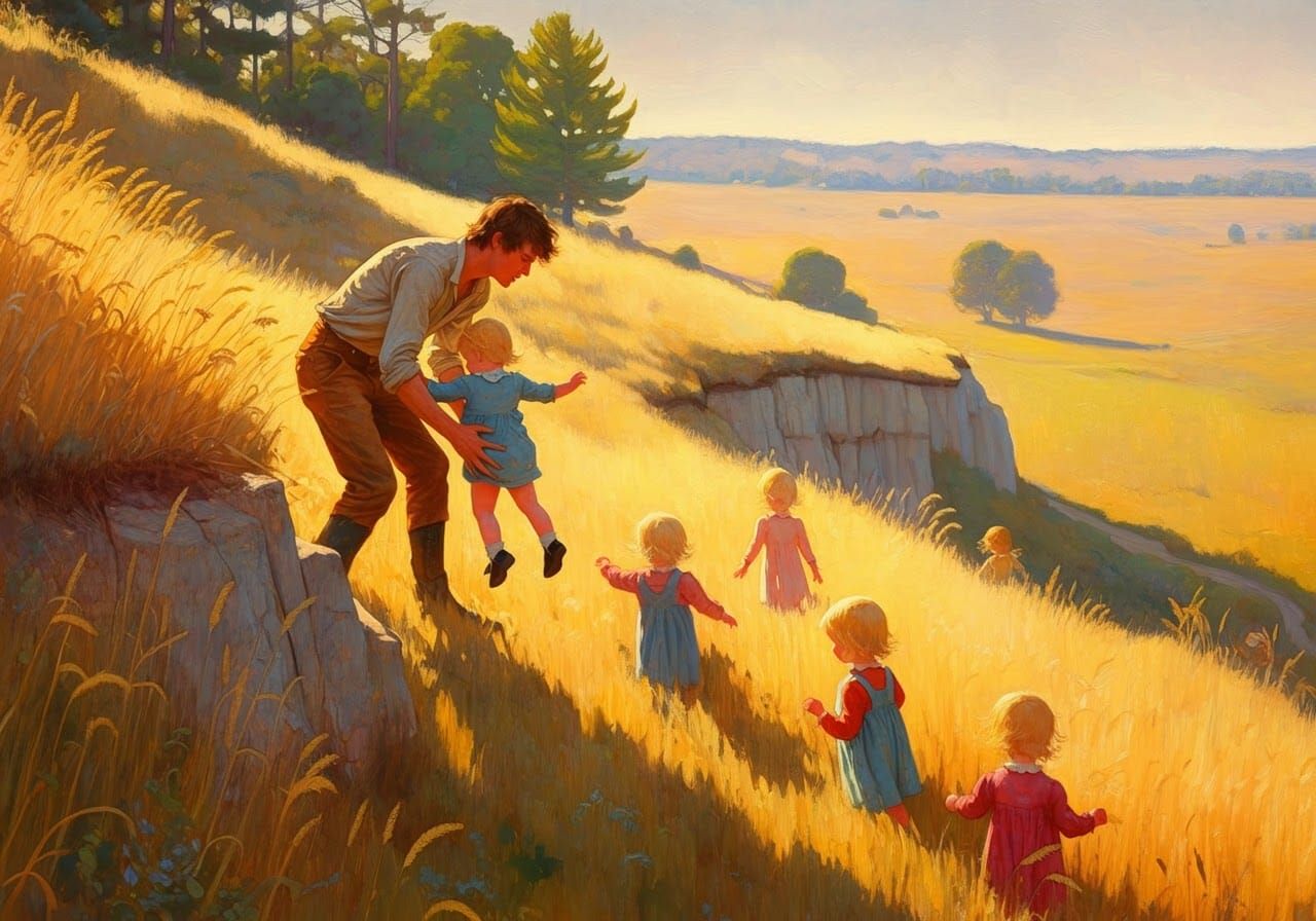 Young Man Catches Toddler, American Regionalism Painting