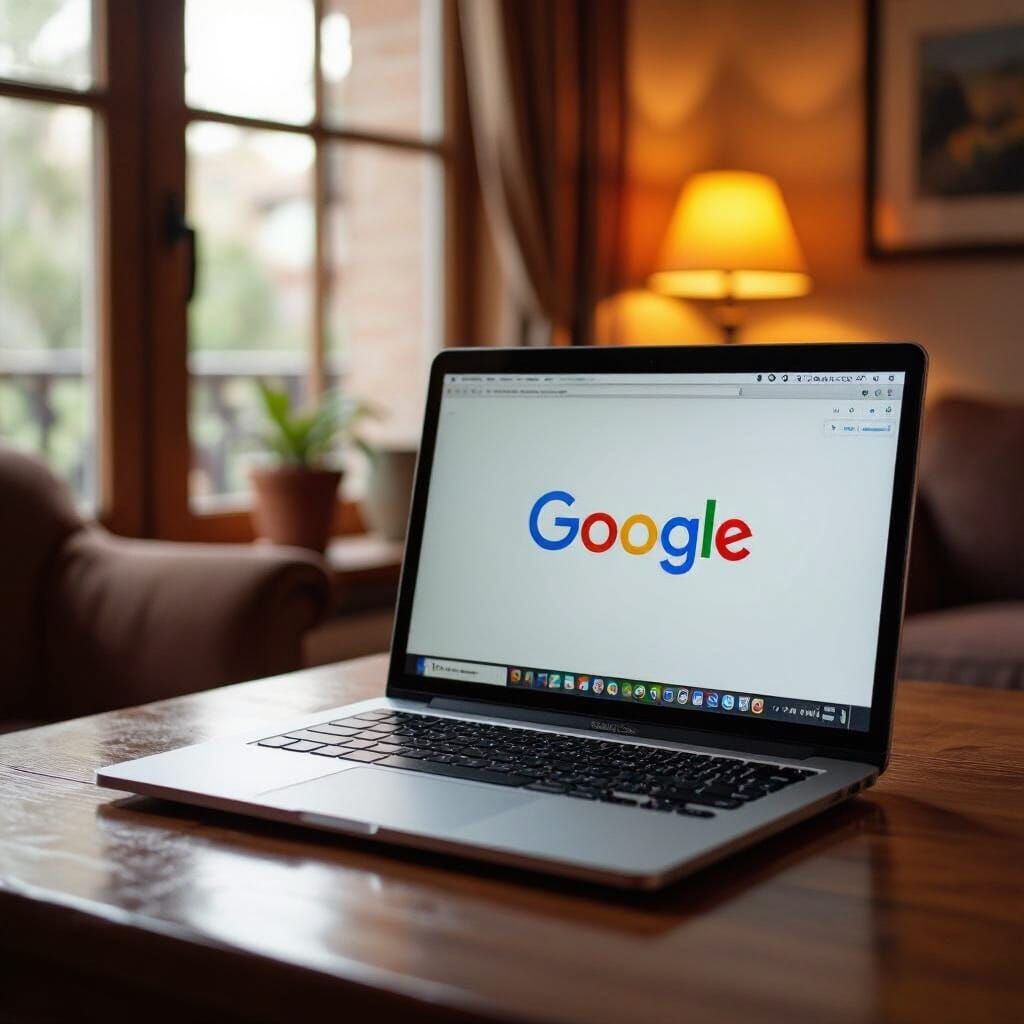 Laptop Displaying Google in Cozy Room, Fine Art Style