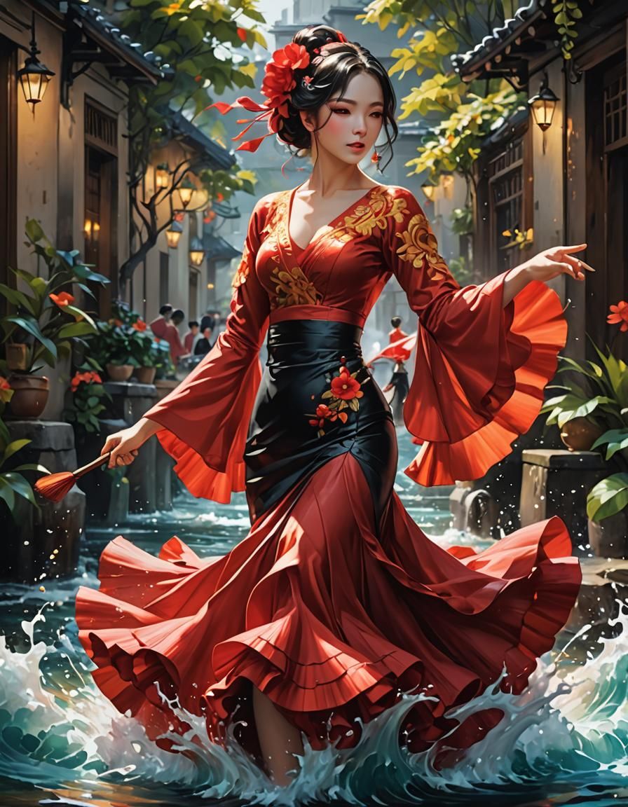 Flowing Water Flamenco in Anime Oil Painting Style
