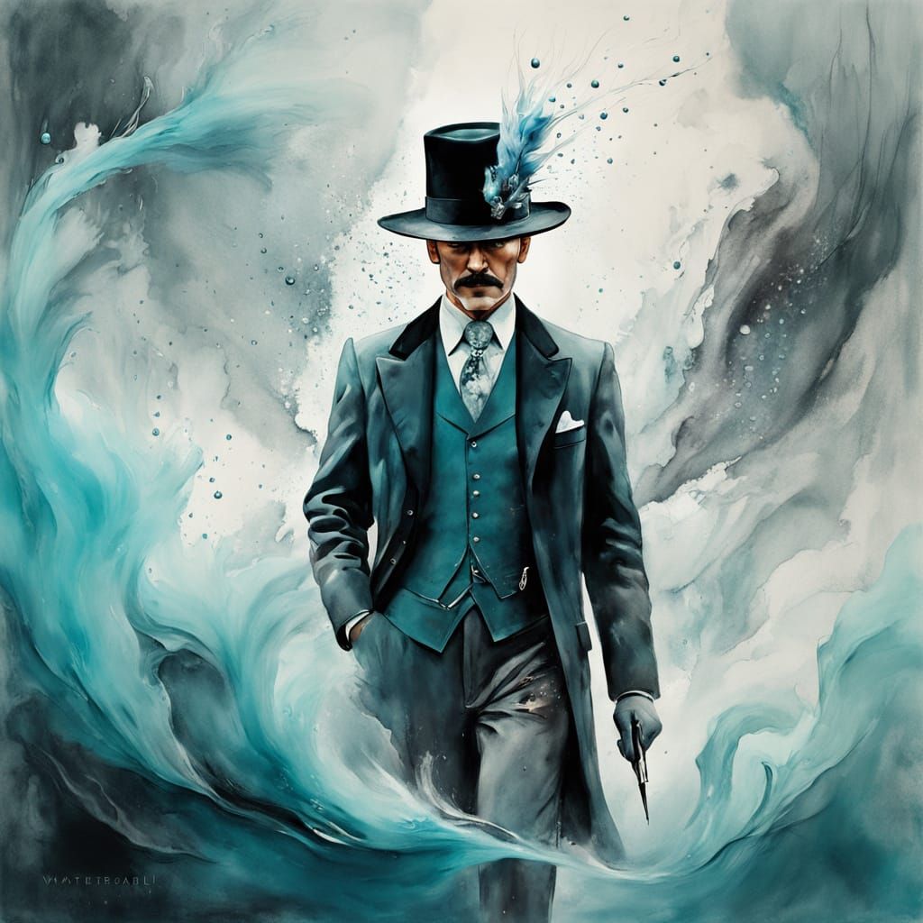 Surreal Watercolor of Silver Fox as Wyatt Earp in Flight