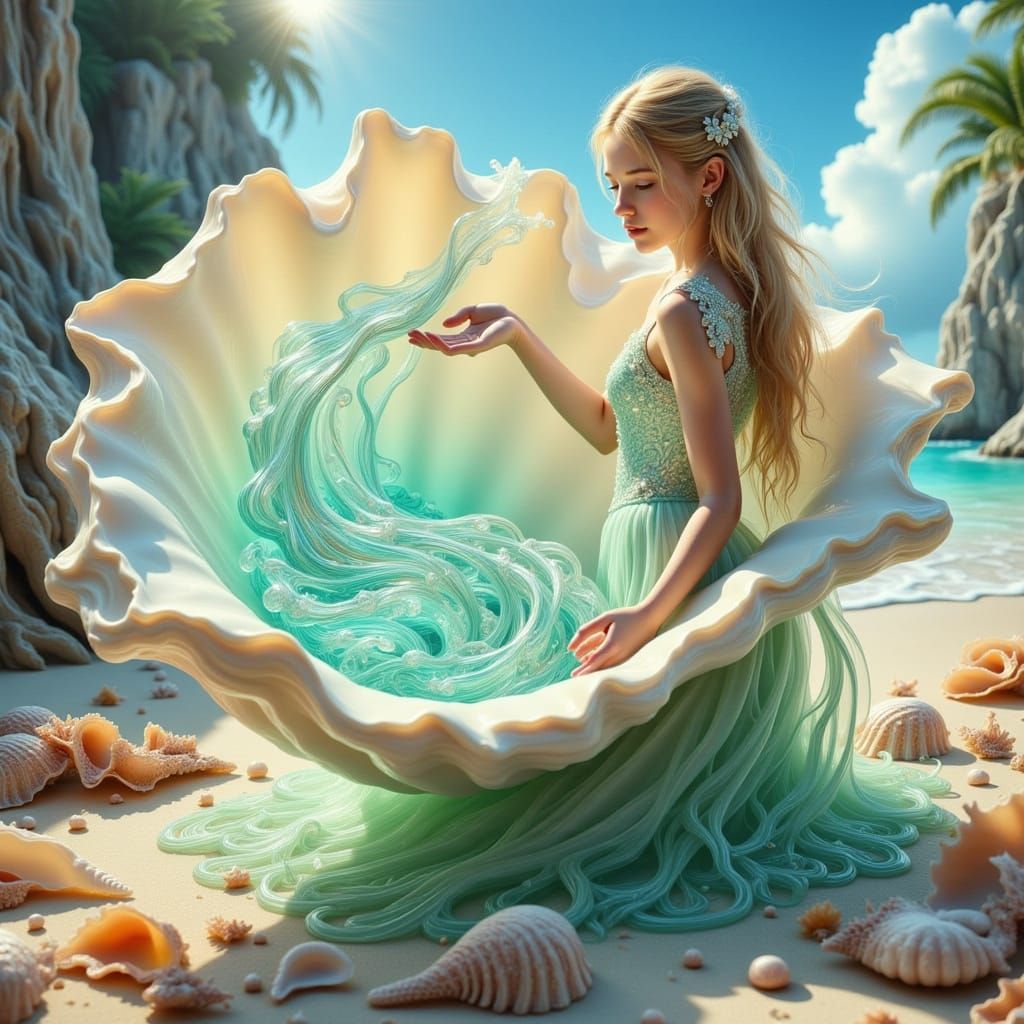 Woman with Carved Seashell in Dreamlike Style