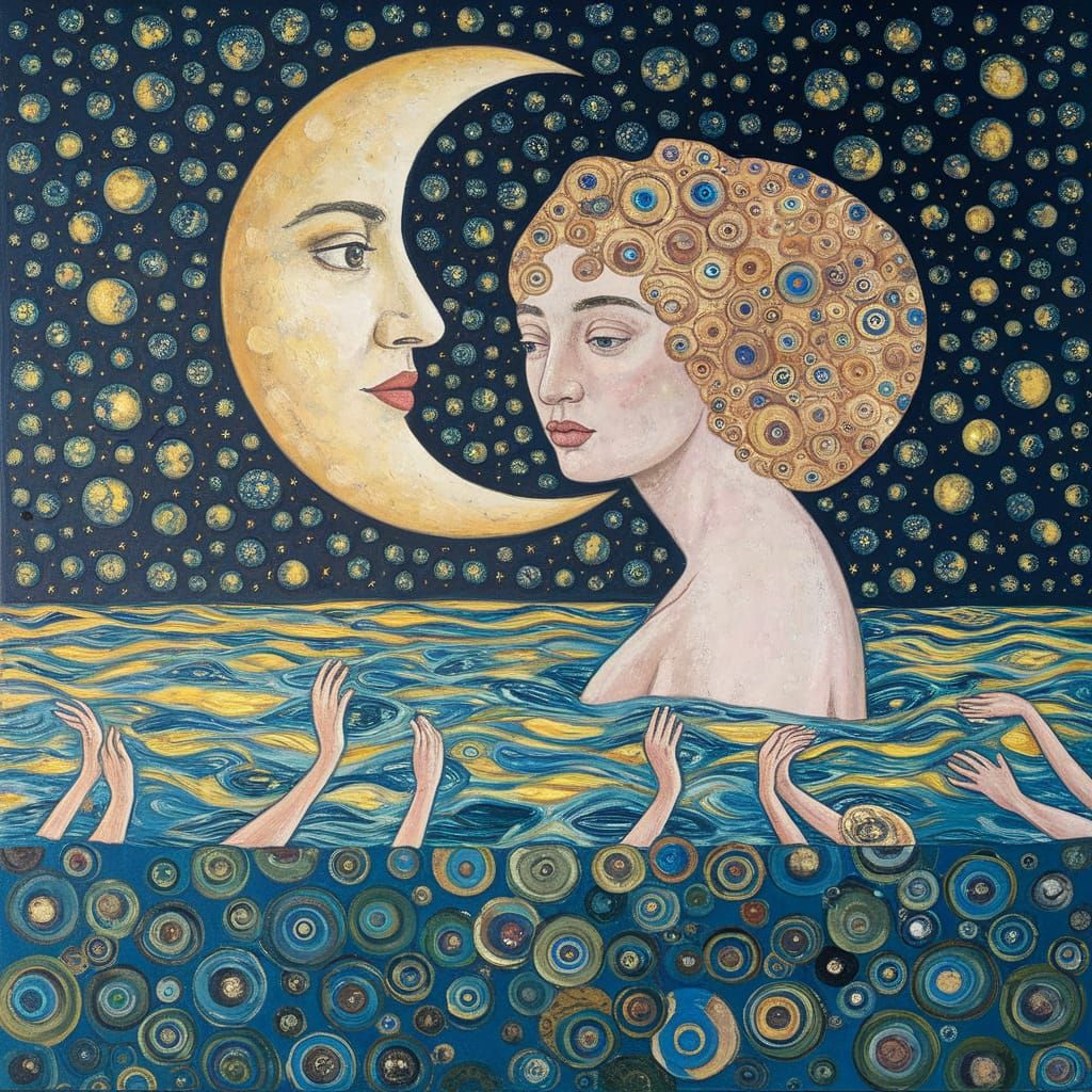 Moon Woman Kisses Sea With Open Arms, Oil Painting