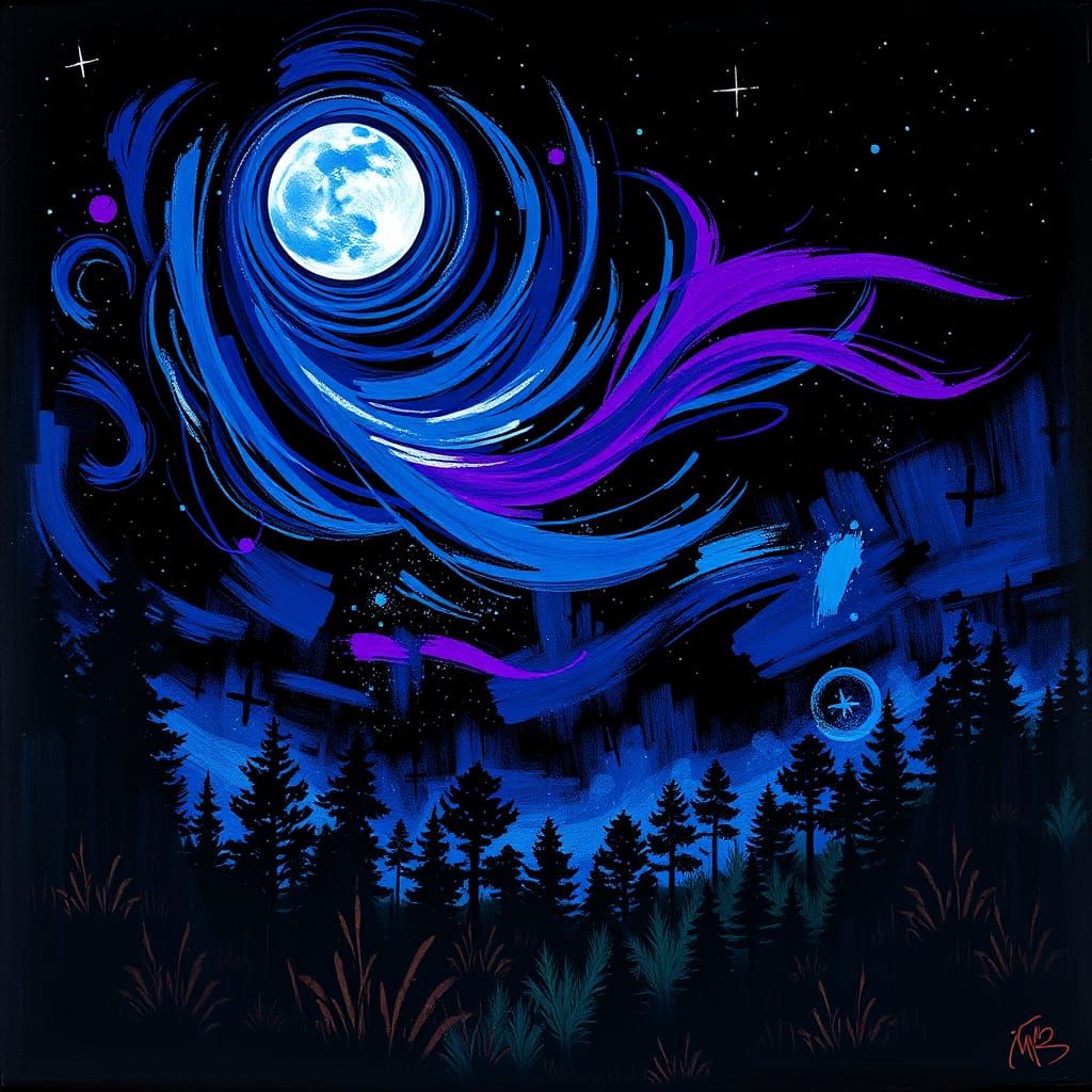 Street Art Night Sky with Swirling Moon and Stars
