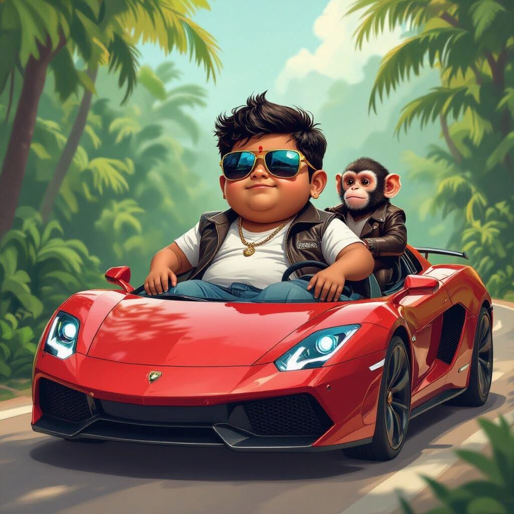 Indian Boy and Monkey in Futuristic Supercar