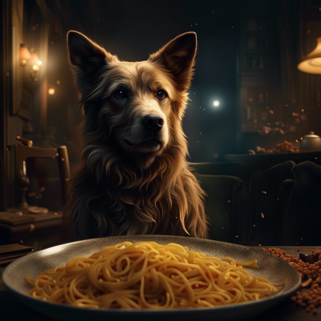 Dog Eating Pasta in Dark, Cinematic Digital Painting