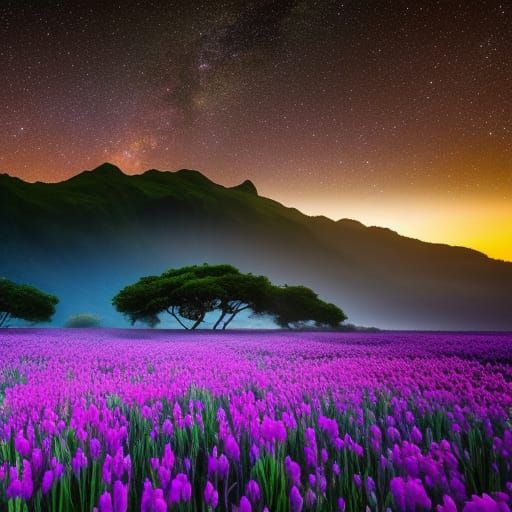 Fantastical Jungle Flower Field Under Starry Sky