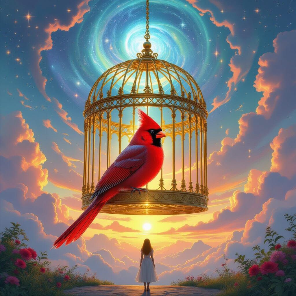 Giant Golden Cage with Red Cardinal in Cosmic Sky