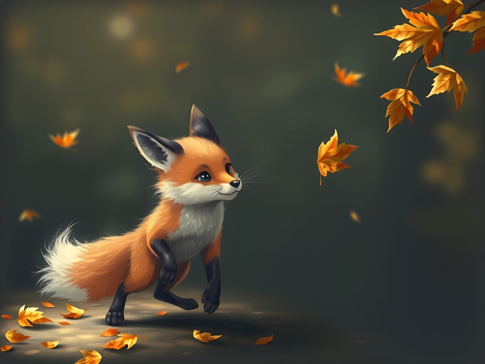 'A cute anime fox chasing a single autumn leaf'.