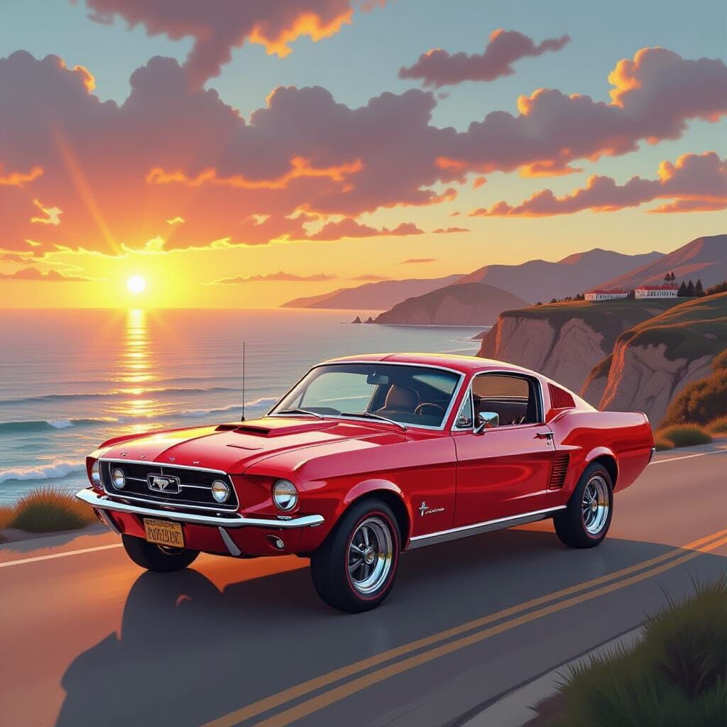 1967 Mustang on Cliffside in Hyperrealistic Style