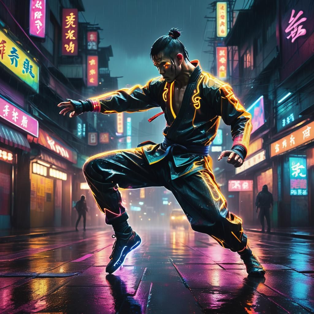 Cyberpunk Kung Fu Fighter in Neon Cityscape