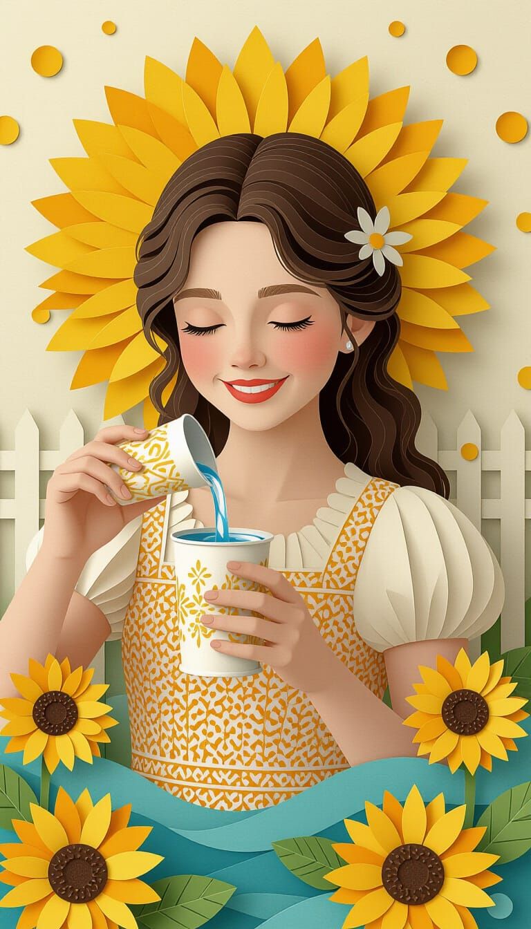 Paper Cut Collage of Girl Pouring Water