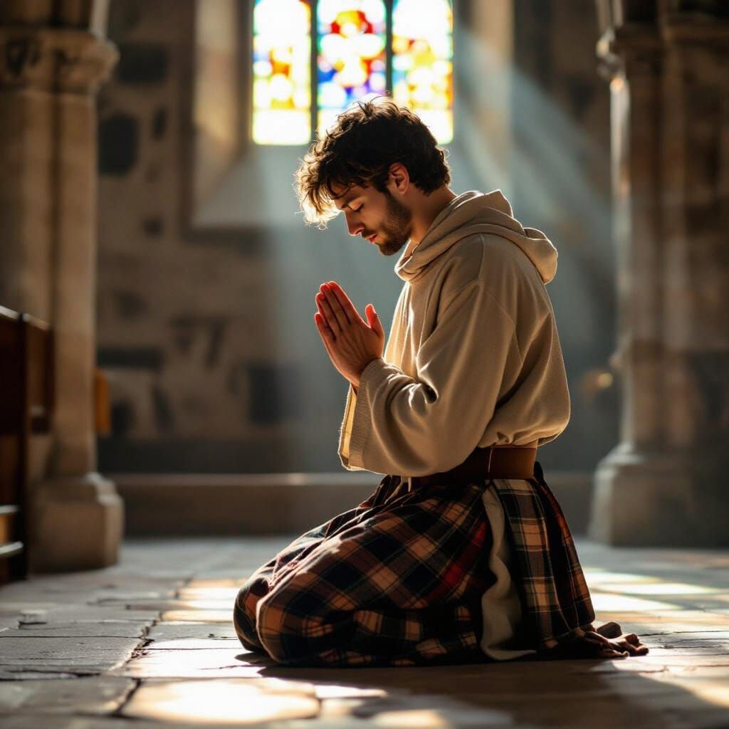 Man in Tartan Kneels in Sunlit Church Nave