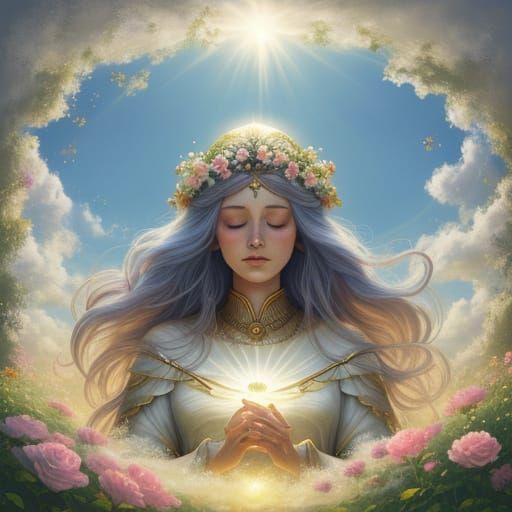 Divine Goddess Amidst Flowers in Soft Sunlight