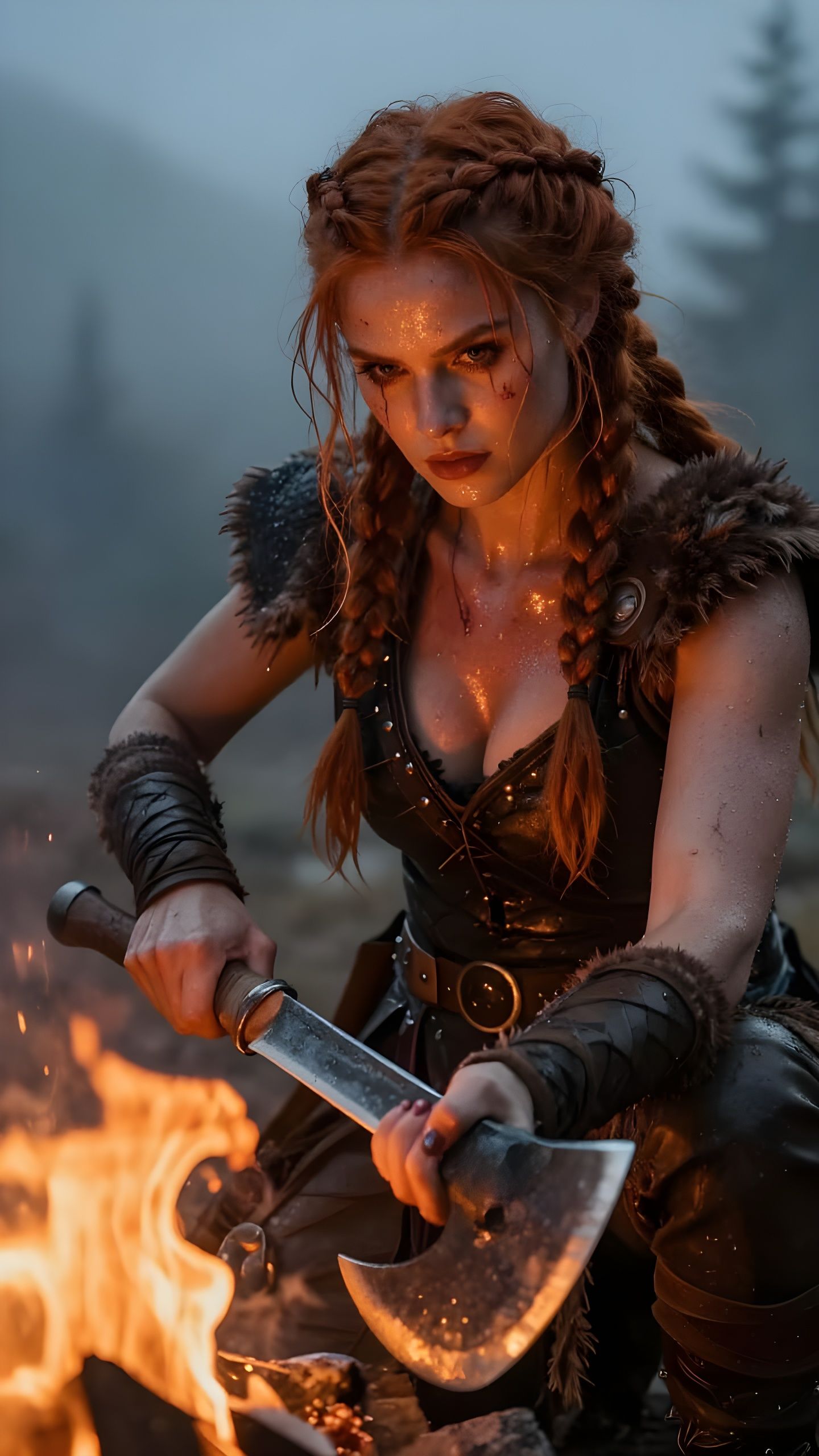 Fierce Orc Hunter Oiling Axe by Campfire Light