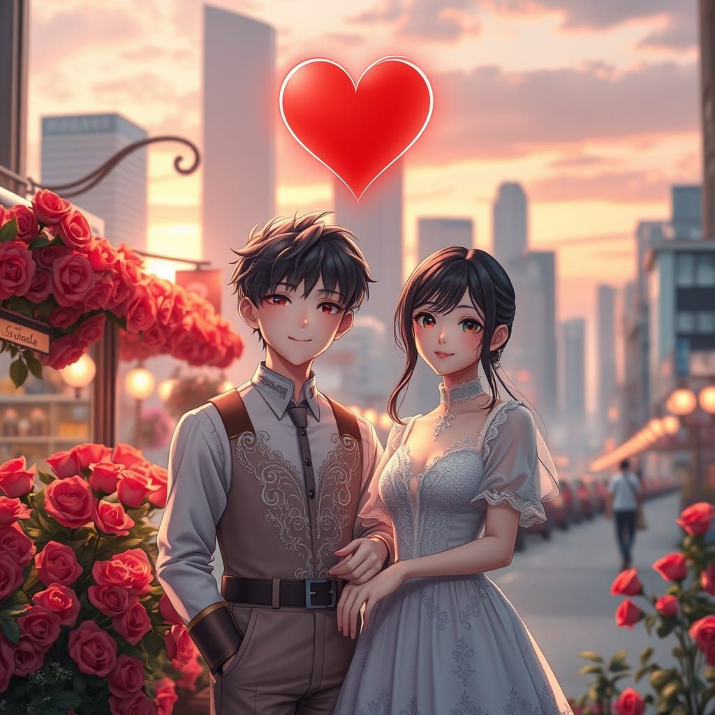 Whimsical Couple in Love Amidst Vibrant Cityscape