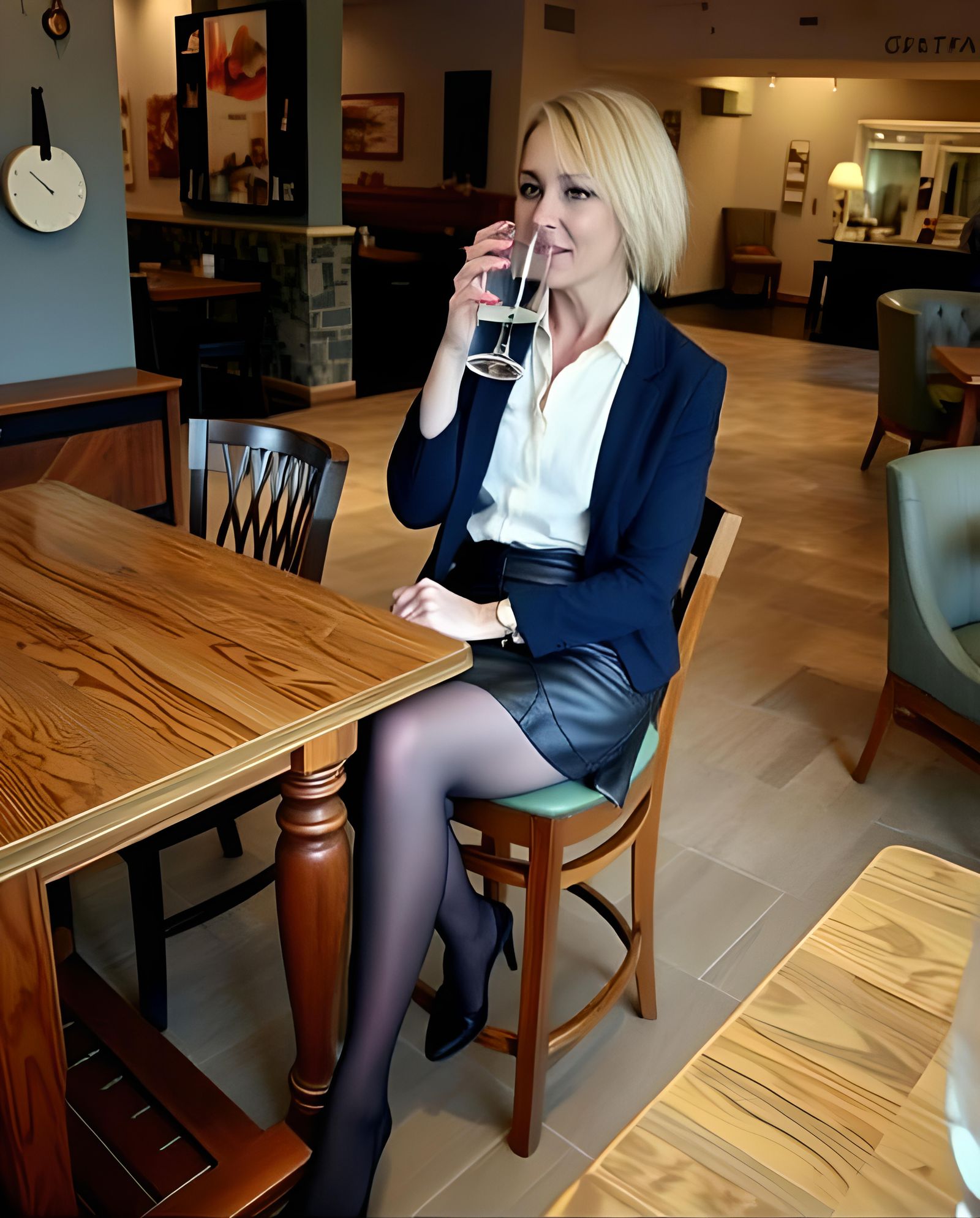 Blonde Woman in Blazer at Diner Table