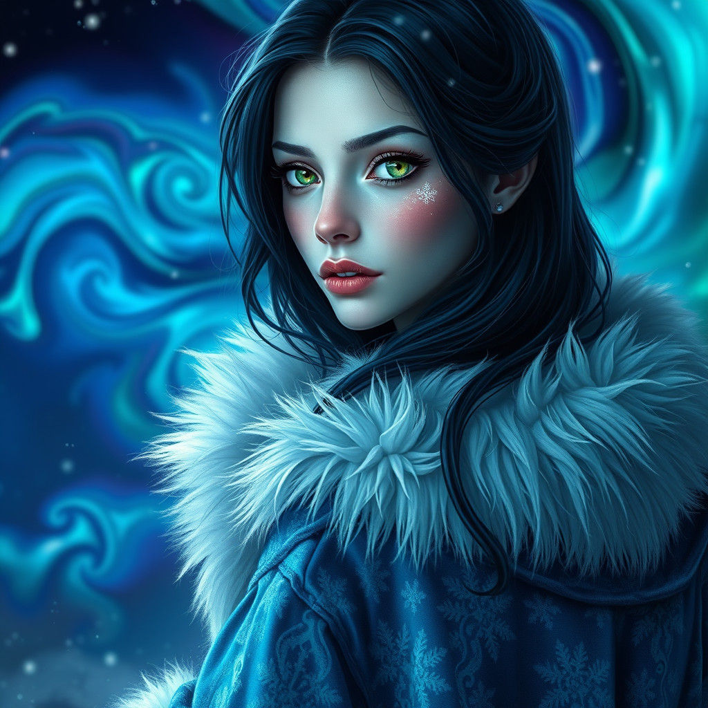Enchanting Snow Witch Portrait in Kaleidoscopic Aurora