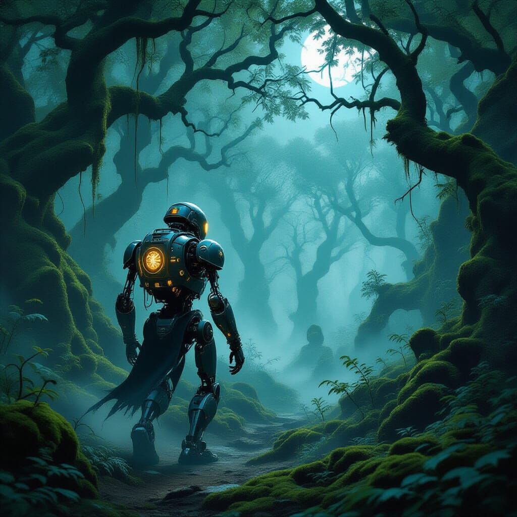 Automaton in Enchanted Forest - Dark Fantasy Art