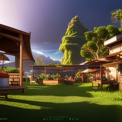 Vibrant Hawaiian Farmers Market: Detailed Matte Painting