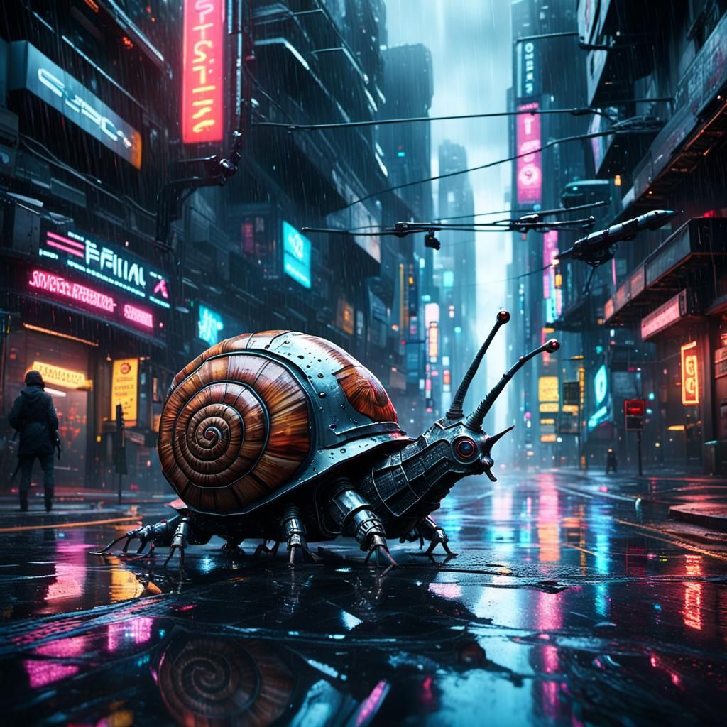 Cyberpunk Robot Snail in Rainy Cityscape