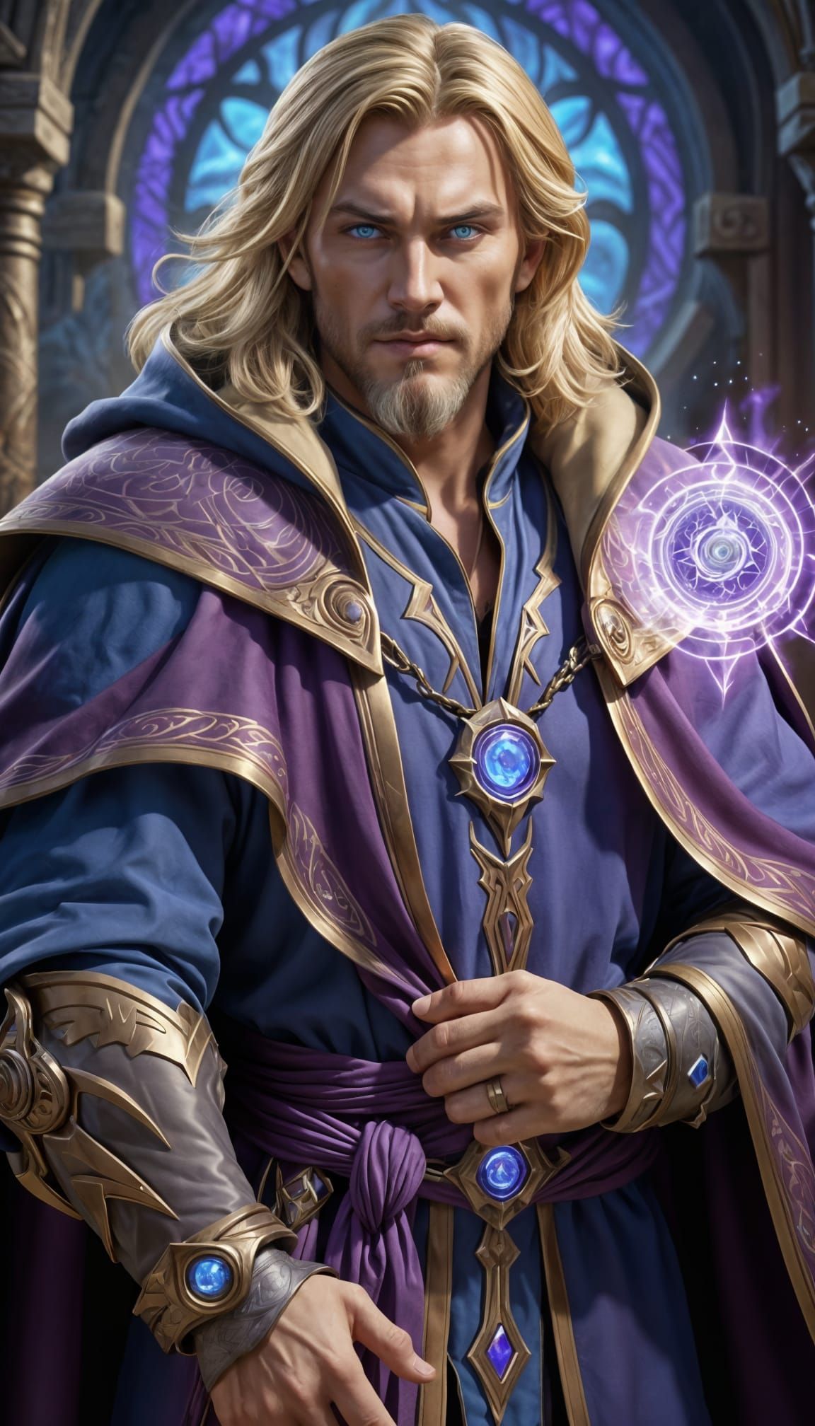 Handsome Wizard with Arcane Runes in Warcraft Style