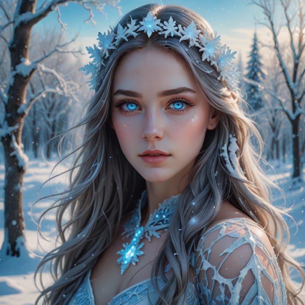 Girl with Ice Blue Skin in Winter Wonderland