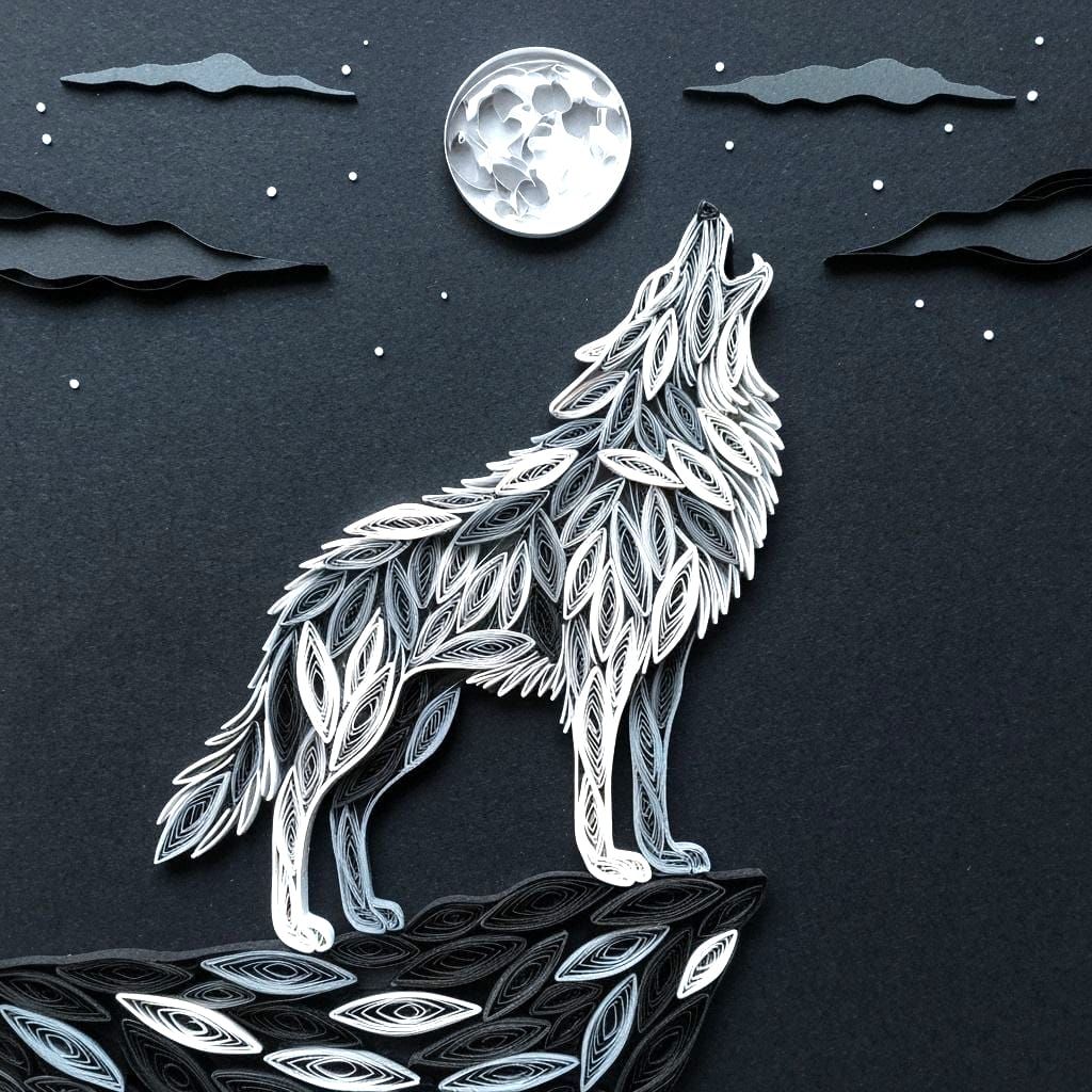 Howling Wolf Paper Quilling Art with Full Moon