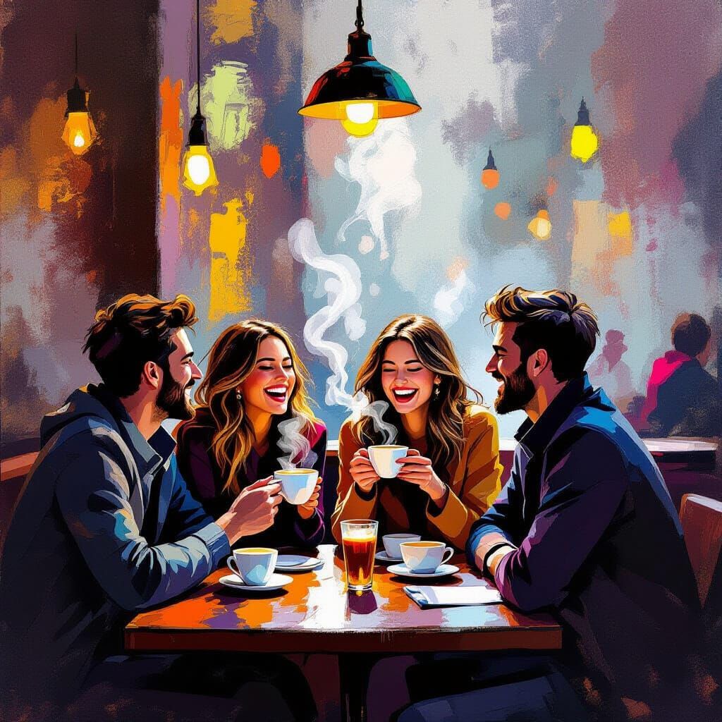 Friends Laughing Over Coffee in Abstract Cafe Style