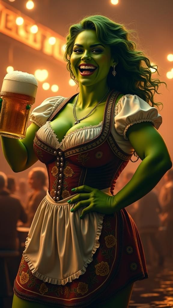 She-Hulk Serving Beer in Bavarian Dress, Digital Art