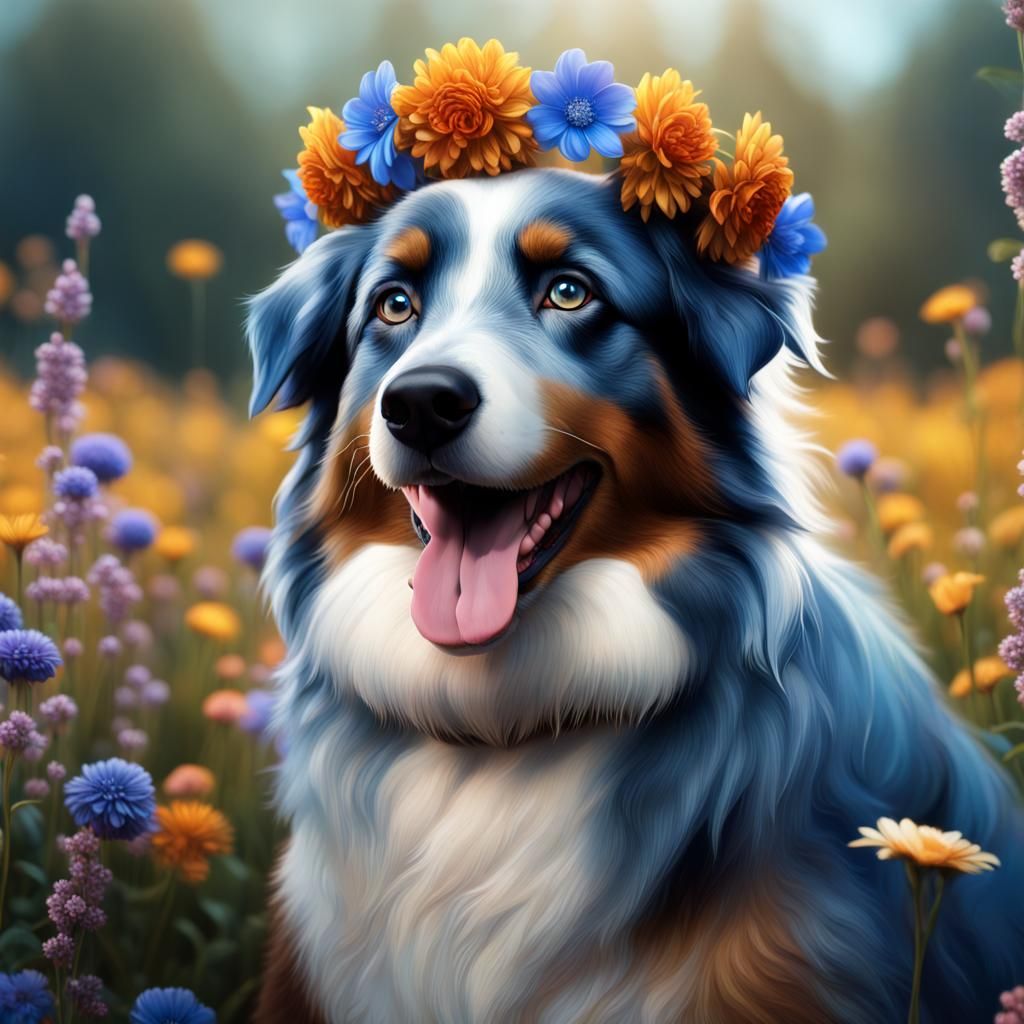 Blue Merle Australian Shepherd in Flower Field