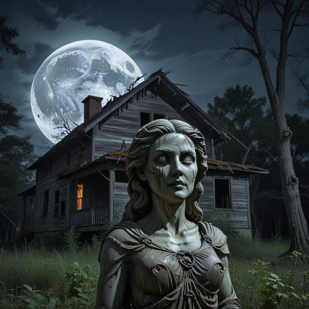 Goddess of Doom Above Haunted House Under Full Moon