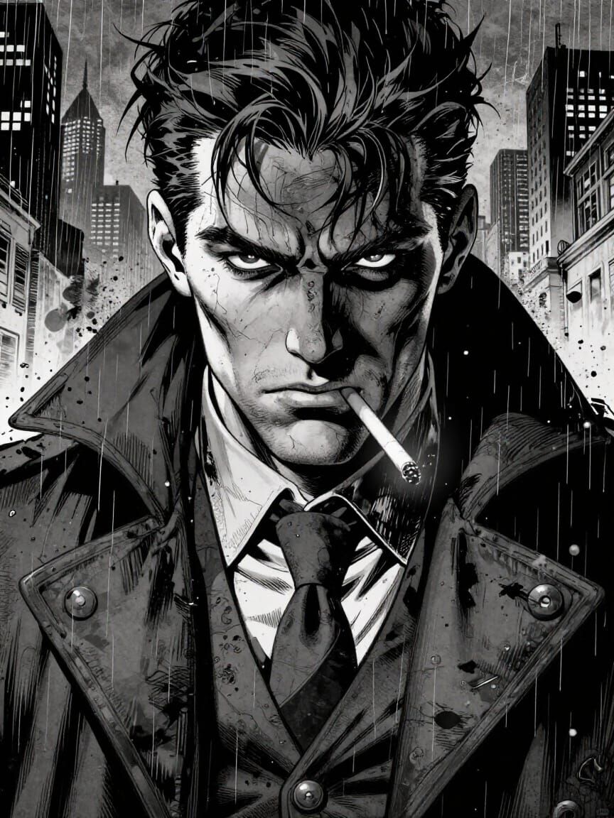 Crime Noir Detective Face in Shadowed Cityscape