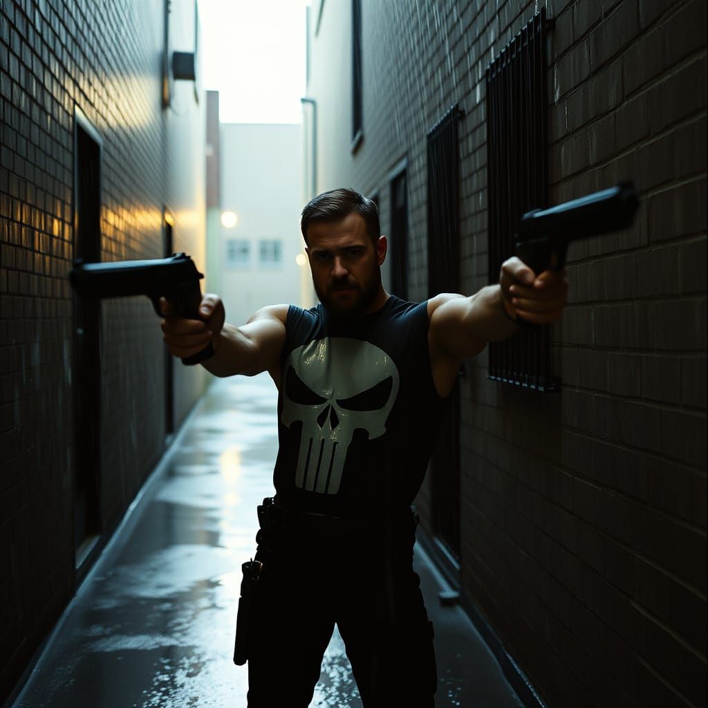 The Punisher Stands Vigilant in a Rainy Alley