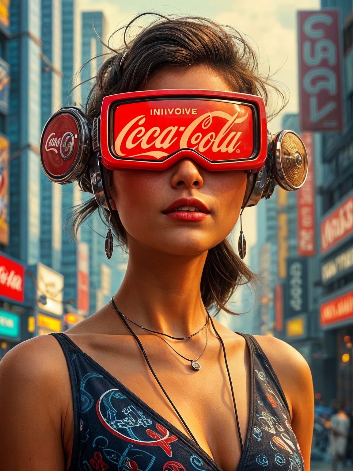 Futuristic Woman with TV Eyes in Cyberpunk Cityscape