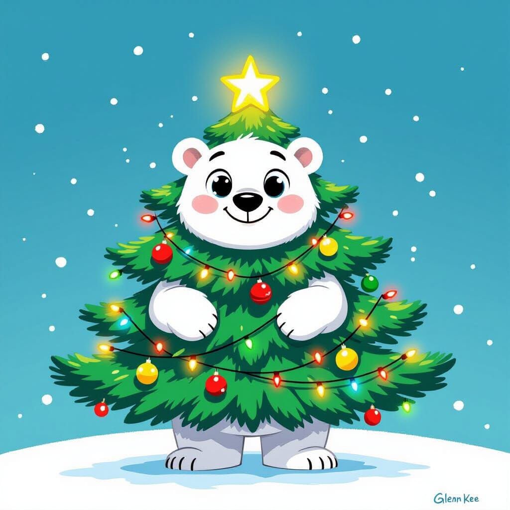 Smiling Polar Bear Christmas Tree in Cartoon Style
