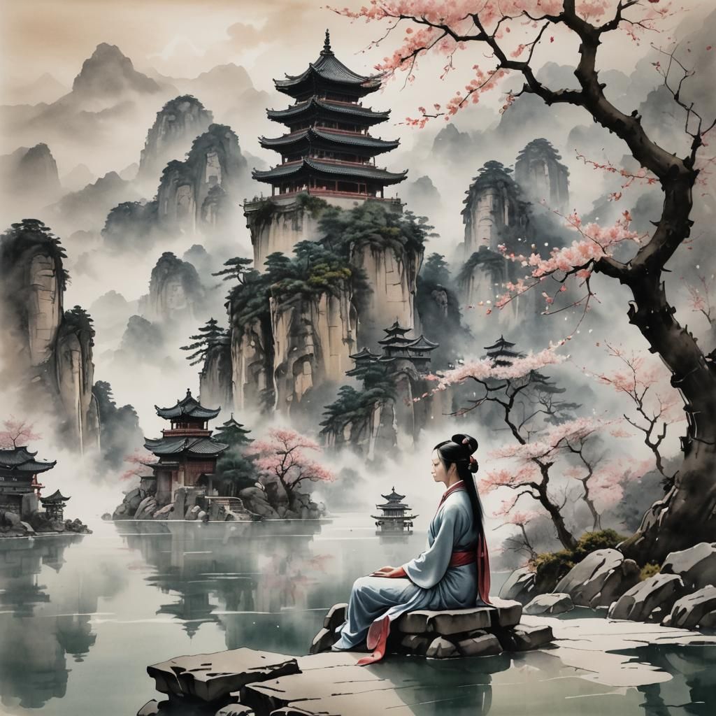Majestic Warrior Princess in Serene, Mystical Landscape