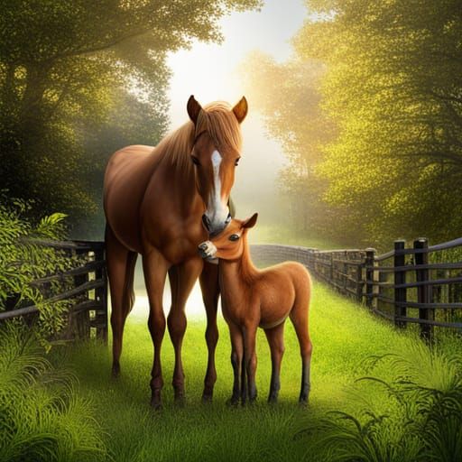 Adorable Baby Horse with Mother in Pasture