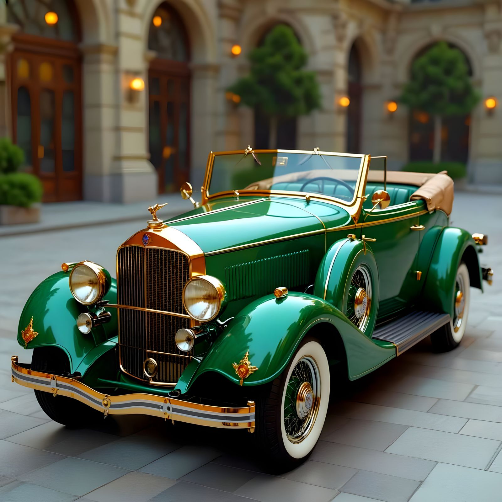 Gold and Green Vintage Car: Photorealistic Detail
